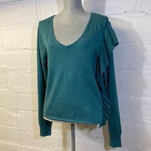 John + Jenn Green Turquoise V Neck Knit Sweater w Ruffled Side  Womens Size M